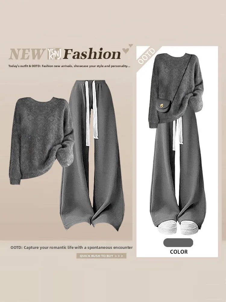 

Unique Beautiful Winter Fashion Women's Knitted Sweater High Waist Wide Leg Pants Two Piece Set Casual Style round Neck Top
