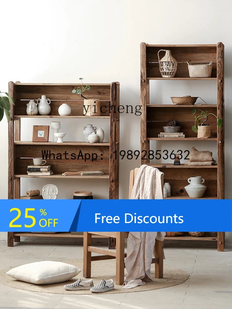 

Old Pine Wood High Shelf Wall-Mounted Four-Layer Storage Cabinet Vintage Wabi-Sabi Style Solid Wood Decorative Cabinet