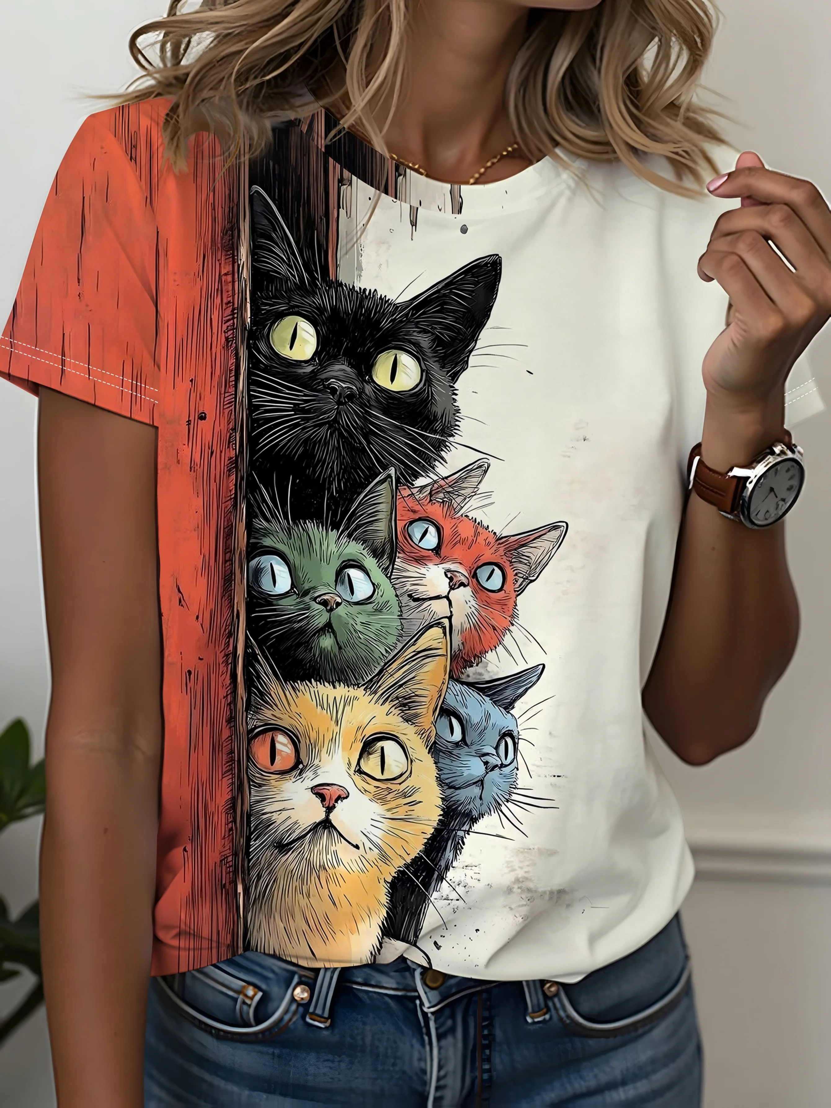 Women Crew Neck Short Sleeve T-shirt Colorful Peeking Cats Retro Panel Print Soft Breathable Casual Daily Animal Graphic Top