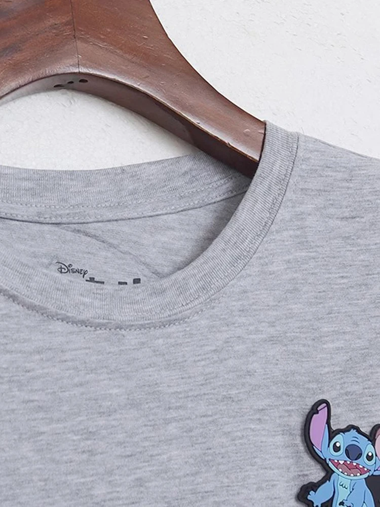 Disney Stitch Angel Little Monster Letter Cartoon Print T-Shirt Fashion Women O-Neck Pullover Short Sleeve Loose Tee Tops Gray