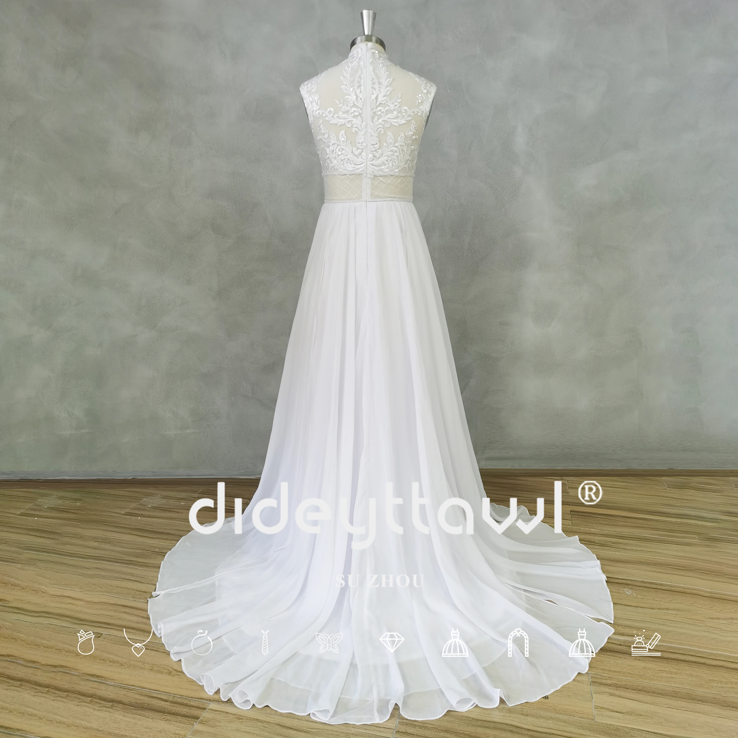 DIDEYTTAWL Real Picture Sleeveless High Side Slit Boho Wedding Dress High Neck Appliques Court Train A-Line Bridal Gown