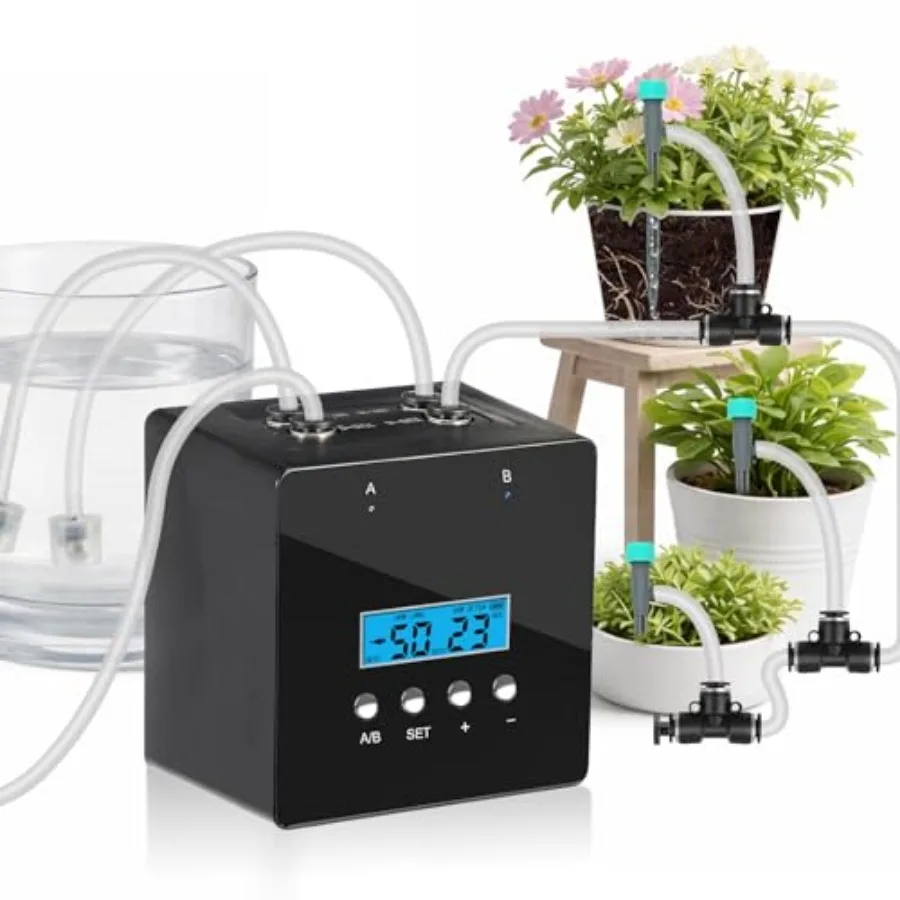 

Автоматическая система капельного полива для комнатных растений с двумя насосами, таймером и 20 регулируемыми капельницами, для самостоятельного полива горшечных растений