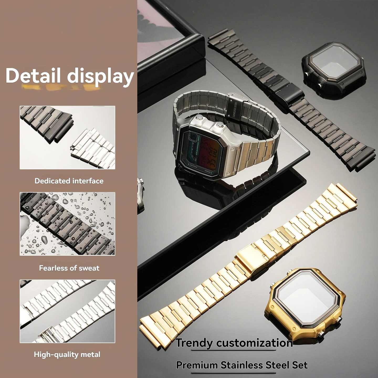 Adapt to Casio small square WS-1600 AE-1200 AE-1300 stainless steel strap case set upgrade metal watchband shell accessories