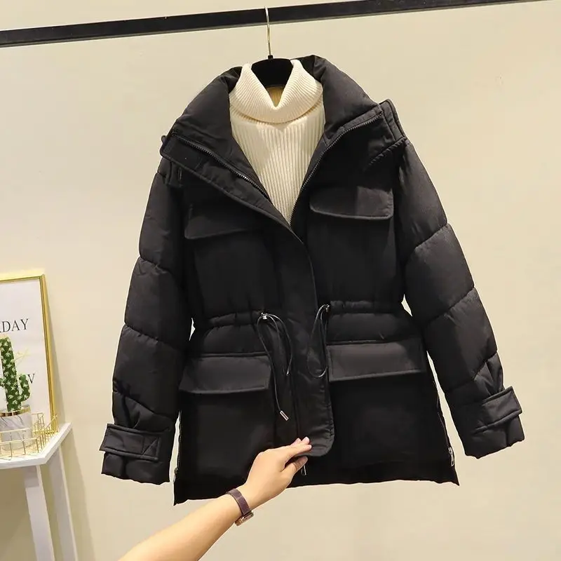 

Winter Pocket Zipper Hooded Cotton Jacket 2023 Loose Casual Waist Short Cotton Jacket Women's Fashion Lace-up Warm Cotton Jacket