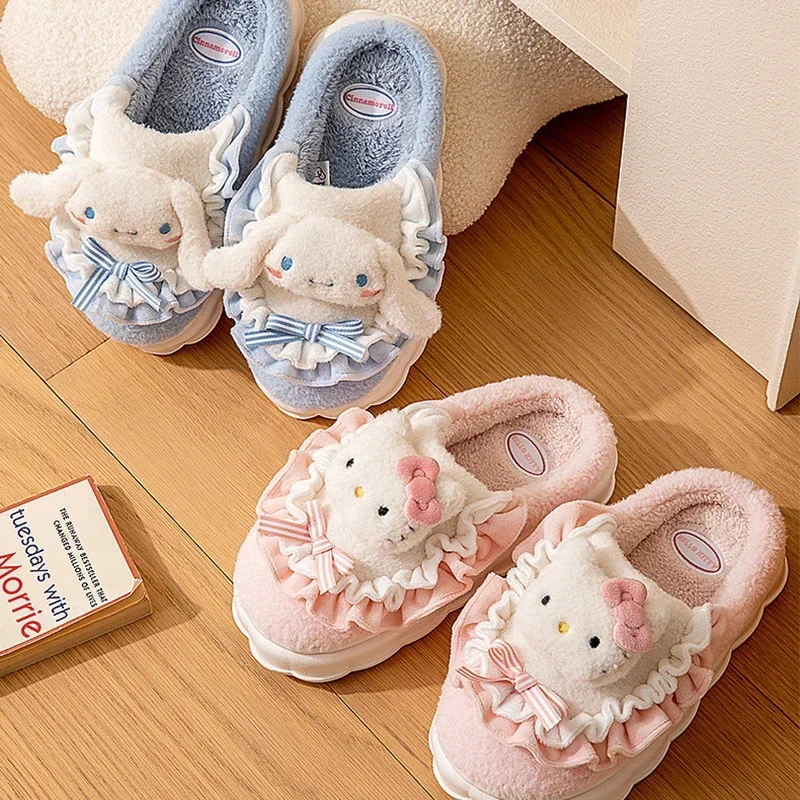 Sanrio Hello Kitty Home Fuzzy Slipper Cartoon Kuromi Cinnamoroll  Yk2 Women Winter Plush Non Slip Slippers girl Cute Flat Shoes