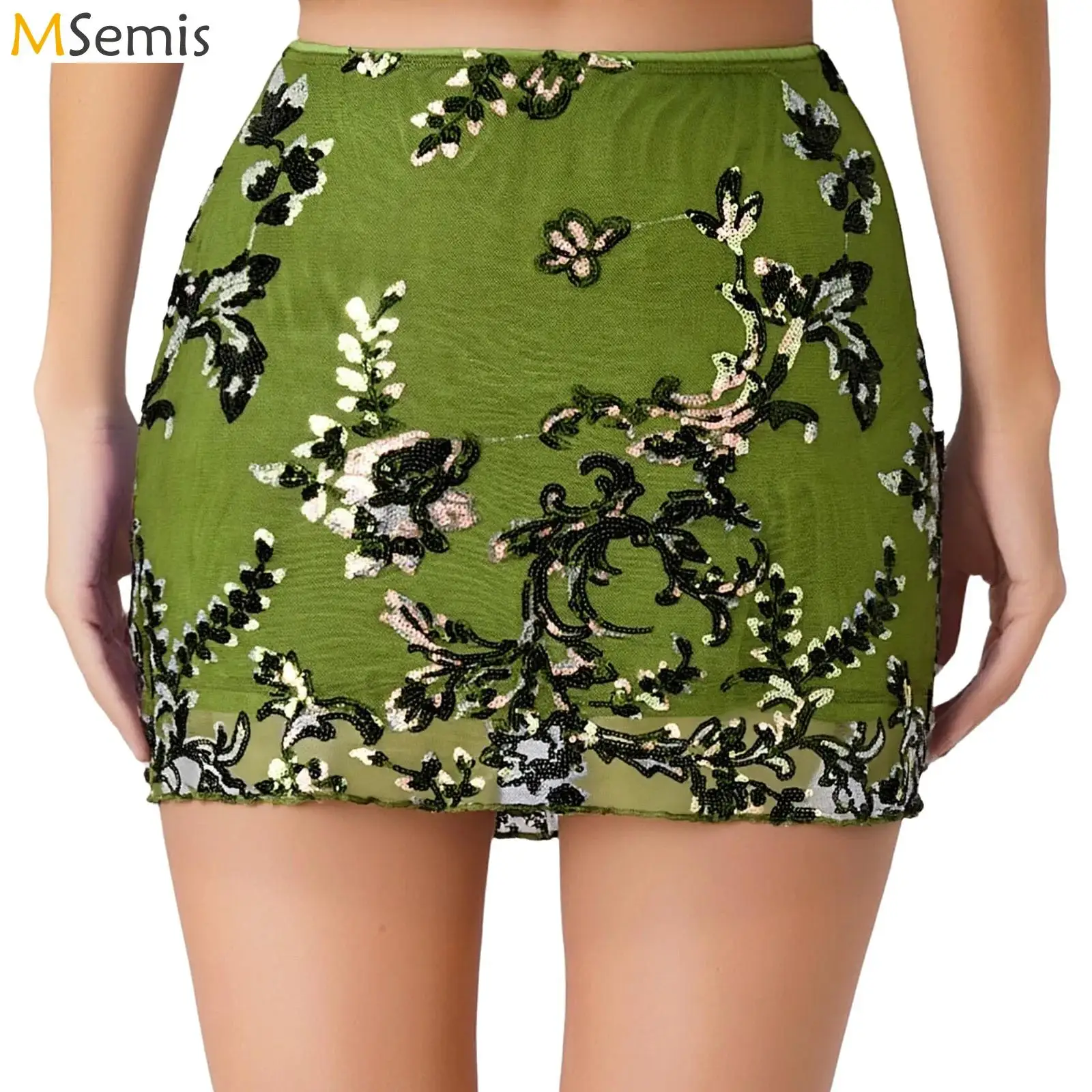 Kurzer Damen-Minirock mit glitzernden Pailletten, Blumenstickerei, durchsichtiges Netz mit blickdichtem, gefüttertem Rock, Rave-Party, Clubwear