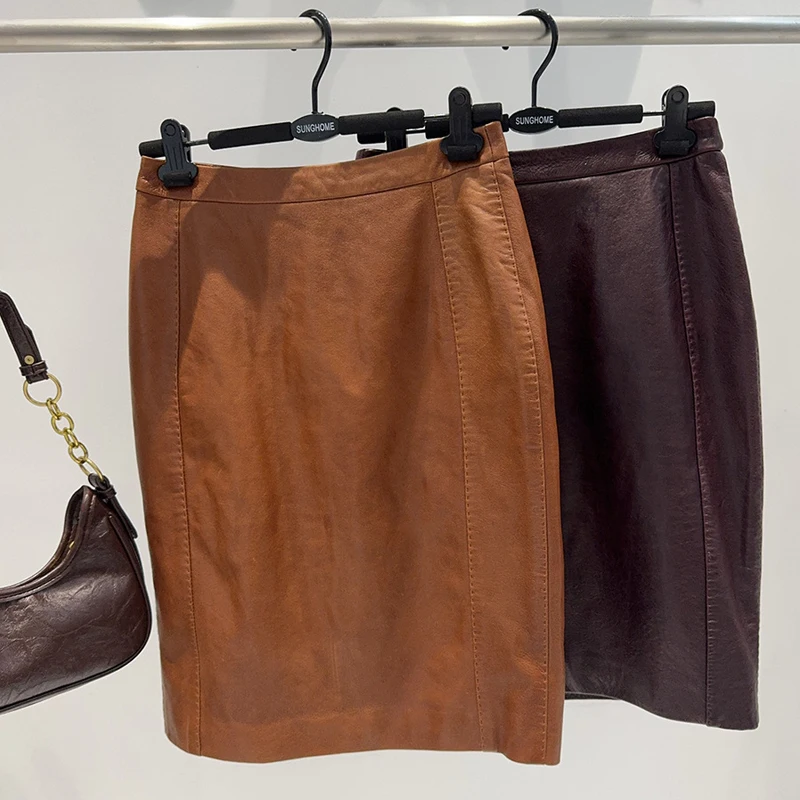100% Genuine Leather Women Wax Leather Skirt 2025 New High Waist Back Zipper Ladies Real Sheepskin Package Hip Slim Skirts Mujer