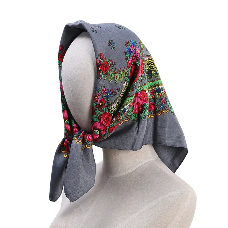 70*70cm Luxury Floral Russian Square Scarf Women Head Hair Bandana Babushka Handkerchief Ukrainian Shawl Headband Scarves