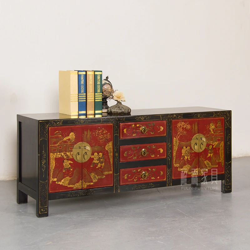 

Chinese antique furniture old elm hand-painted gold porch cabinet hand-painted TV cabinet storage