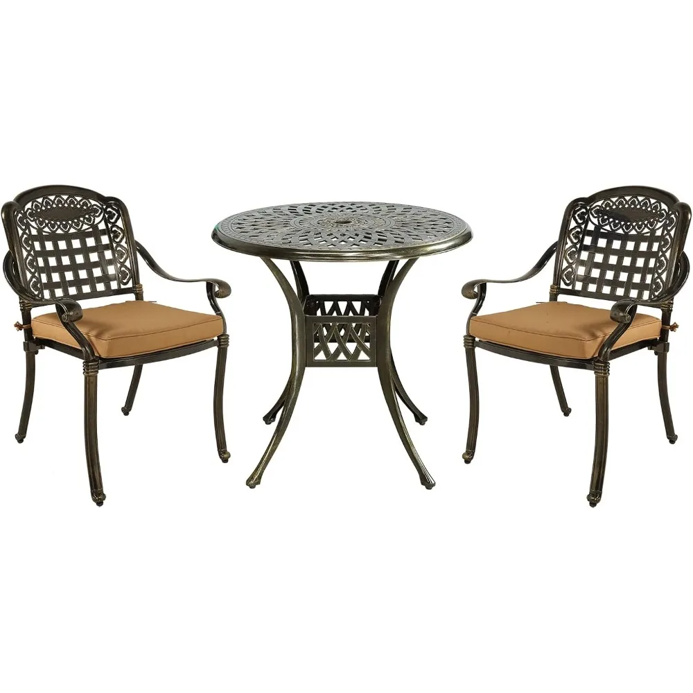 

3 Piece Patio Bistro Set, Outdoor All-Weather Cast Aluminum Dining Furniture Set Includes 2 Chairs with Cushions and a 31” Roun