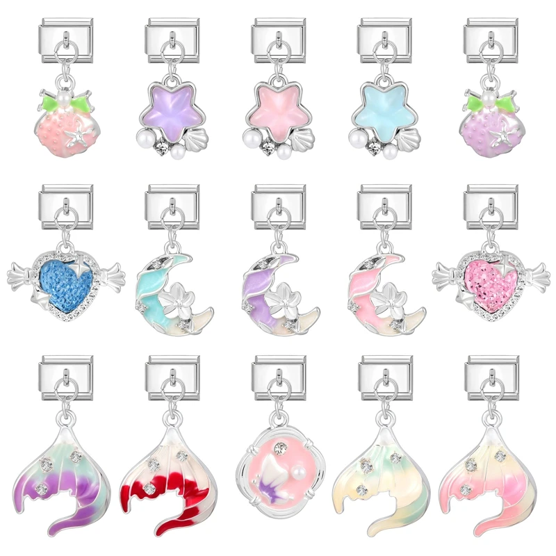 Zircon Shell Heart Bow Knot Butterfly Dolphin Pendant Italian Charm Links Fit 9mm Bracelet Stainless Steel Women DIY Making Gift