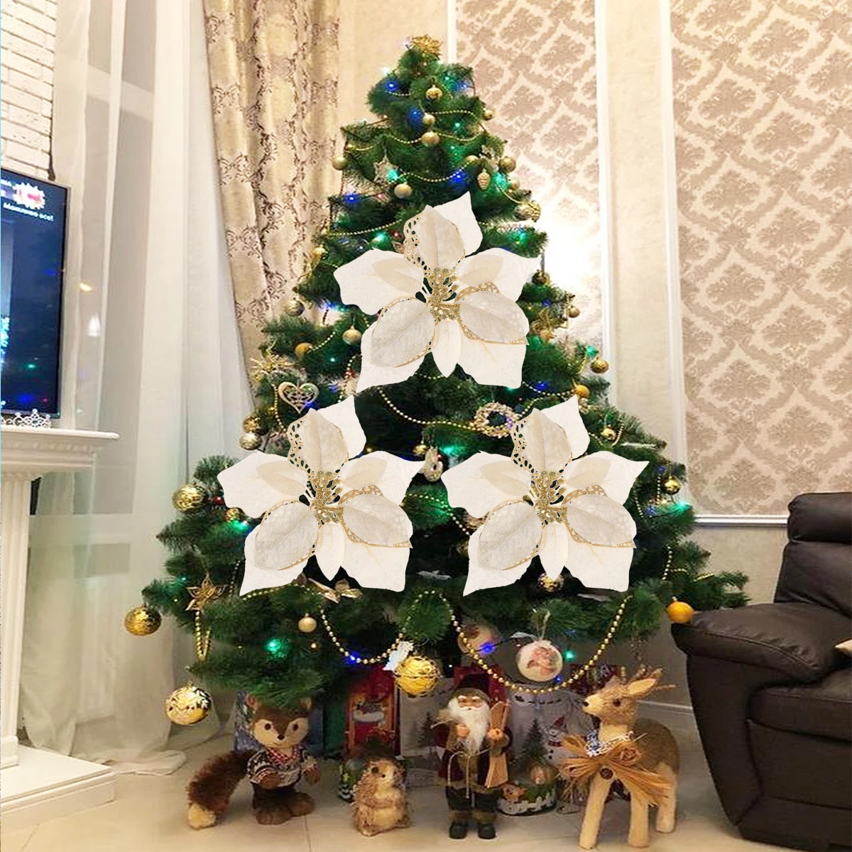 

6 Pcs Ball Christmas Tree Ornaments Artificial Flower Decorate Glitter Golden Craft