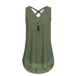 Women V-Neck Zipper Irregular Tank Top Chiffon Crisscross Layered Loose Vest Summer Solid Color Soft Long Sleeveless Blouse Tops