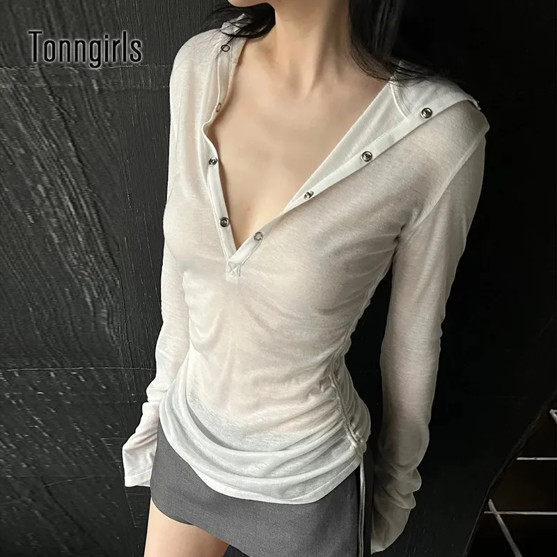 Tonngirls Y2k Vintage T Shirt Women See Through Hoody Crop Tops Streetwear Skinny Tee Tops 2000s Japanese Grunge Tops Autumn