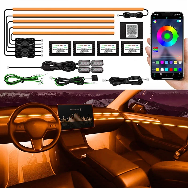 18 in 1 LED Car Ambient Light RGB 64 Color Acrylic Fiber Optic Guide Light Strip For Car Interior Decoration Atmosphere Lamp APP