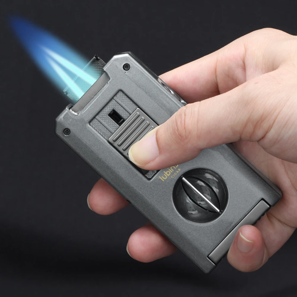 LUBINSKI Cigar V Cutter Metal 2 Torch Lighter With Support Holder Needles Cigar Lighters Gift Box Packaging