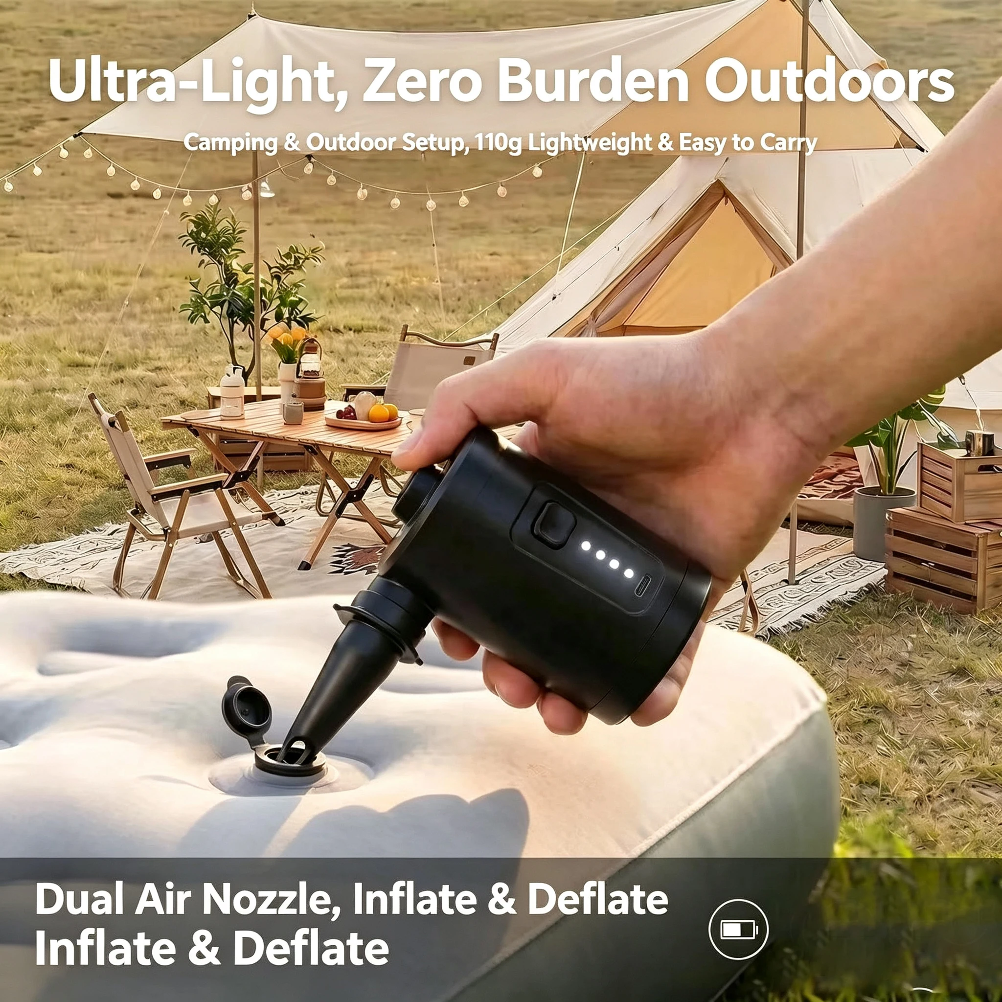 USB‑C Rechargeable Mini Air Pump Dual Nozzle Inflate Deflate Portable Air Compressor for Camping Tent Air Bed Swimming Ring
