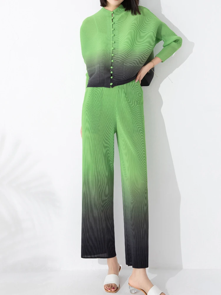 

Новые плиссированные брюки с градиентом, весенний женский однобортный пальто с длинными рукавами + широкие брюки с высокой талией, осенний комплект из двух предметов