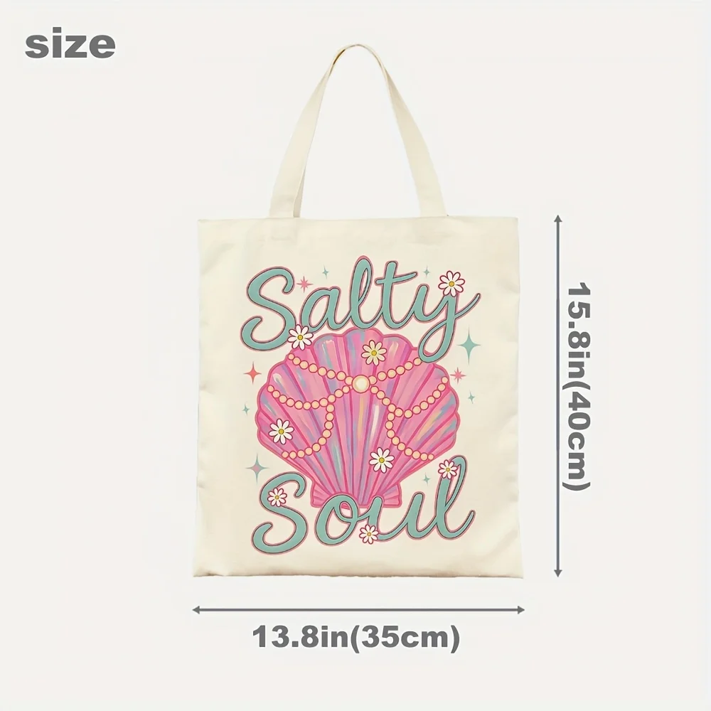 1pc Seashell & Daisy Tote Bag with Pink Seahorse Shell & 'Salt Water Soul' Print - Reusable Large Beach/Grocery Bag (4.5cm Wide