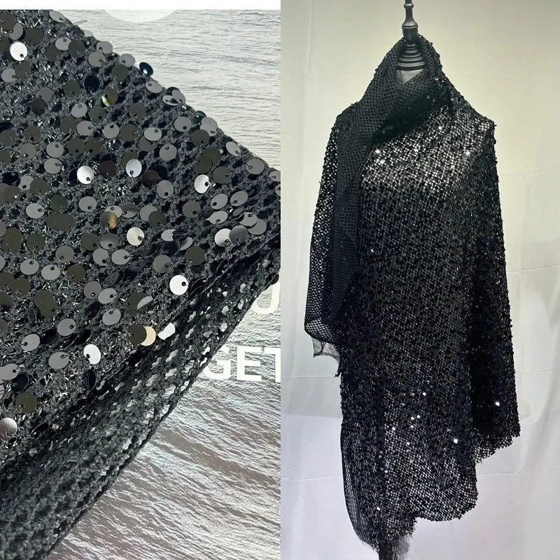 5mm Sequin Embroidered Hollow Cutout Fishnet Fabric Double Layer Sheer Mesh Cloth for Wedding Party Formal Evening Dresses