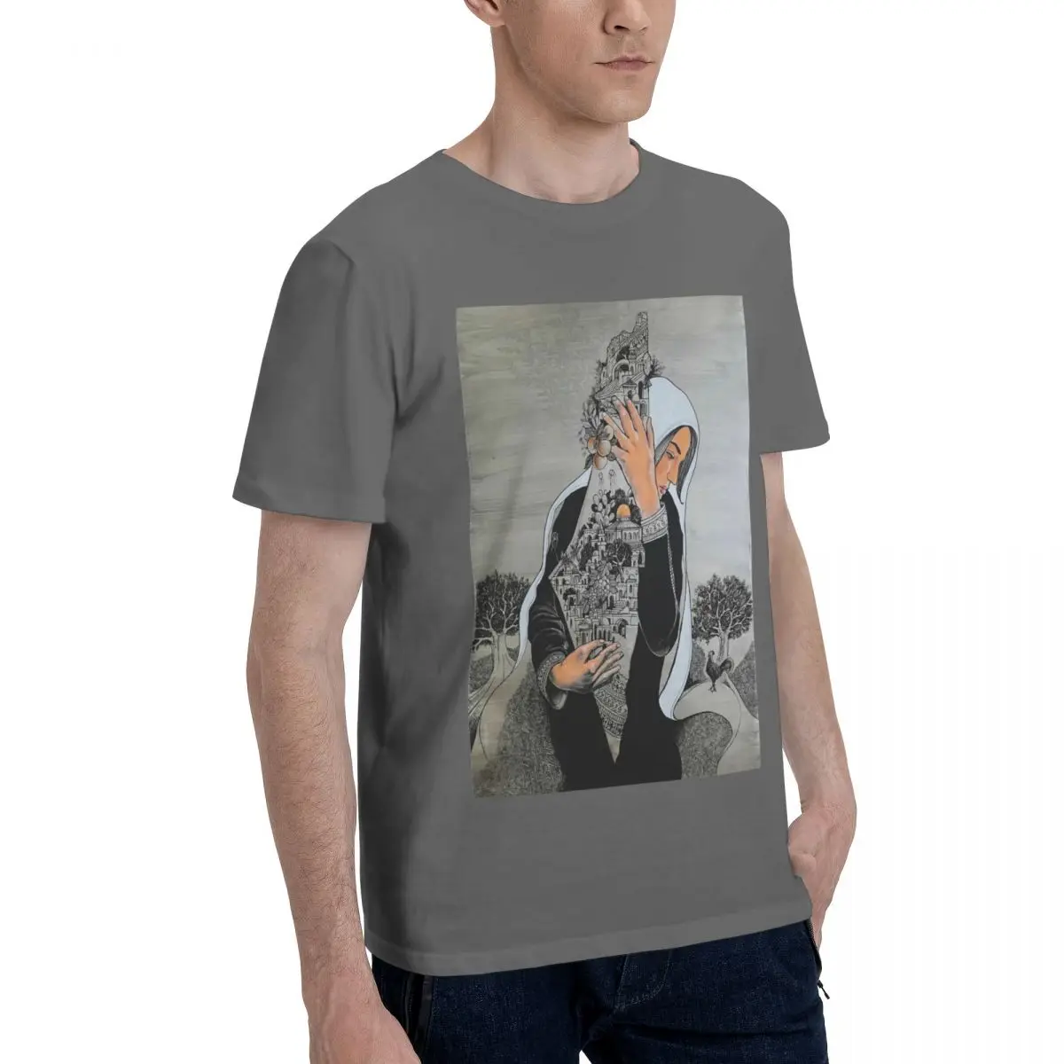 Palestinian Woman Protecting The Land Of Palestine T-Shirt for Men Pure Cotton Tees Round Collar Short Sleeve T Shirts Clothing
