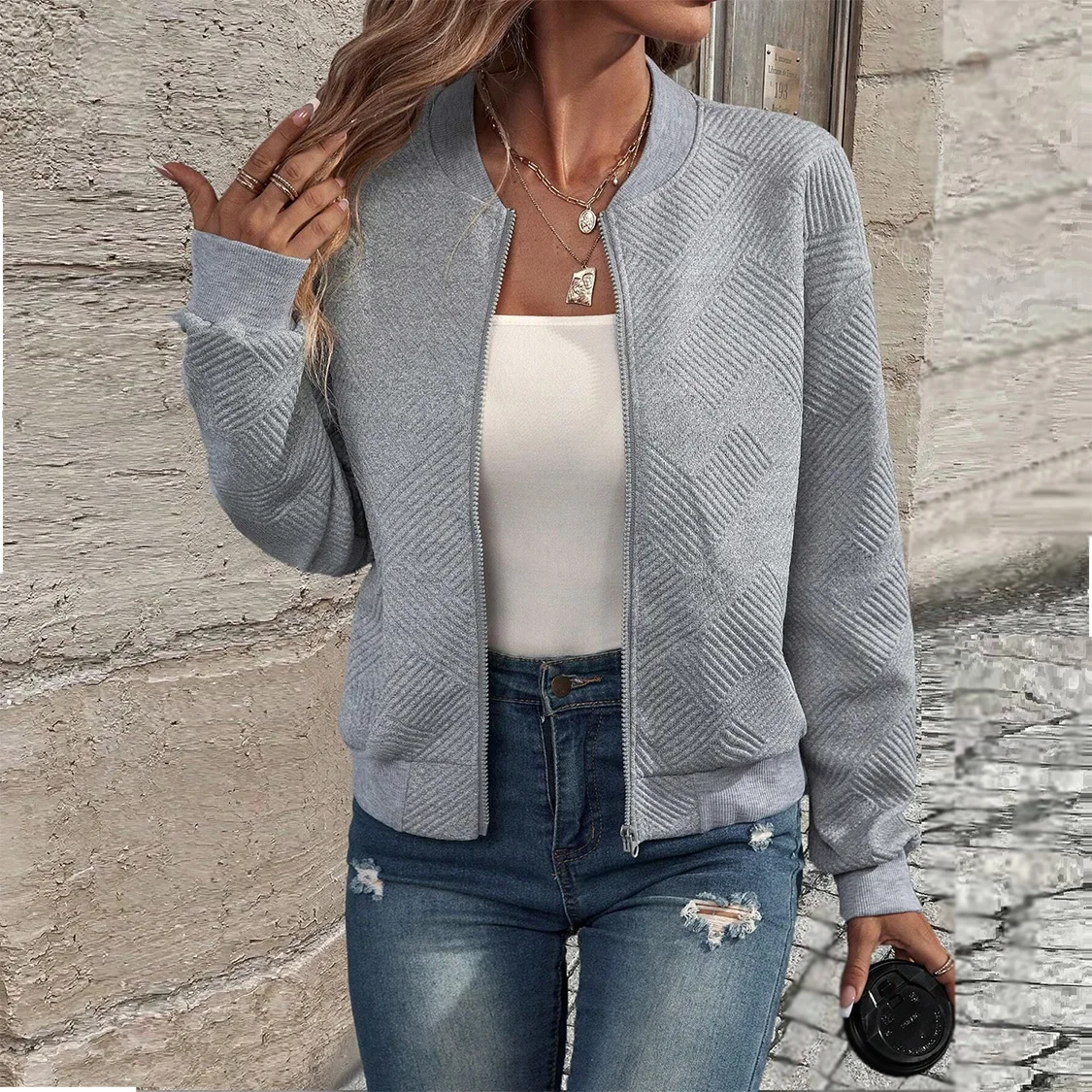 Damen Herbst- und Winterjacke, Neu, Einfarbig, Schlicht und Exquisit, mit Reißverschluss, Baseballkragen, Lässige Jacke – Detail 11