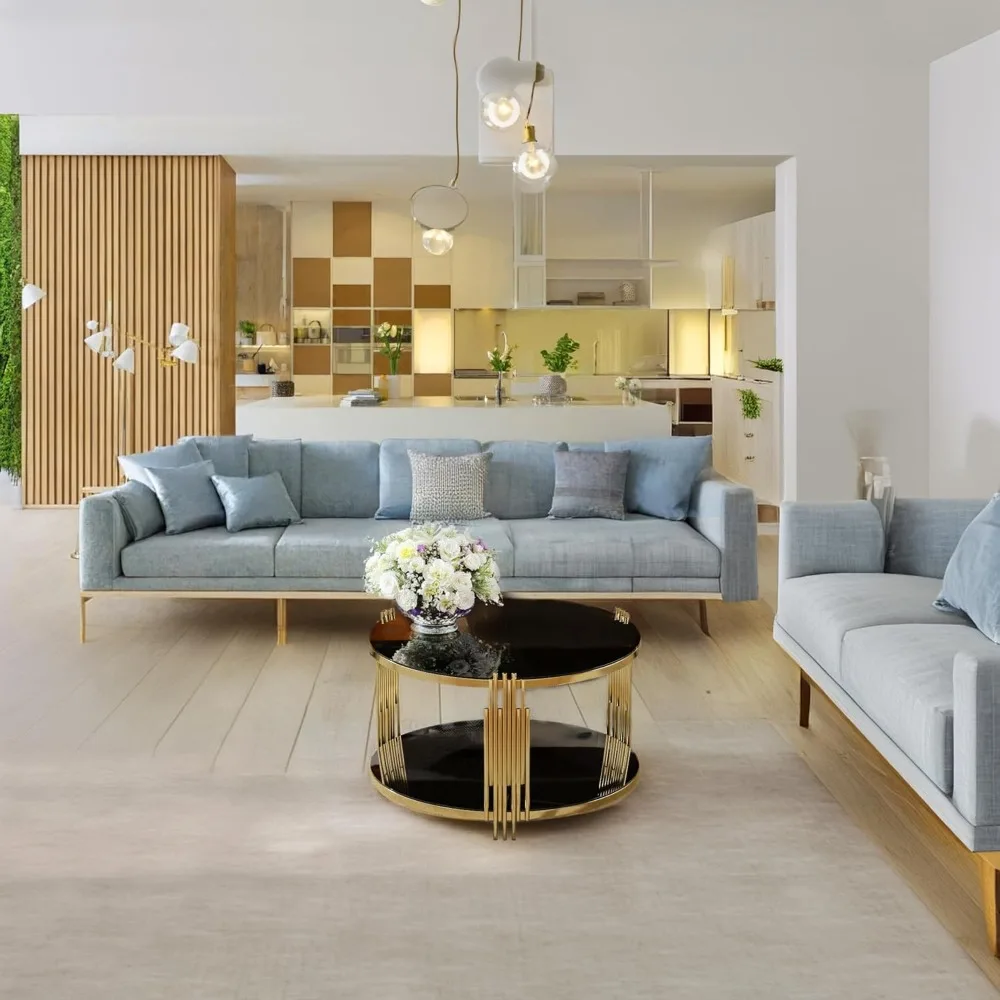 طاولة قهوة زجاجية مع مساحة تخزين، طاولة مركزية دائرية مع رف، طاولة قهوة مستديرة من طبقتين لغرفة المعيشة، مرآة سوداء حديثة