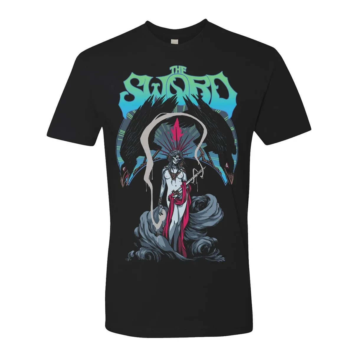 The Sword Skeleton Goddess with Ravens Print T Shirt, Colorful Artwork of Sword Holding Skull Lady and Twin Crow Graphic