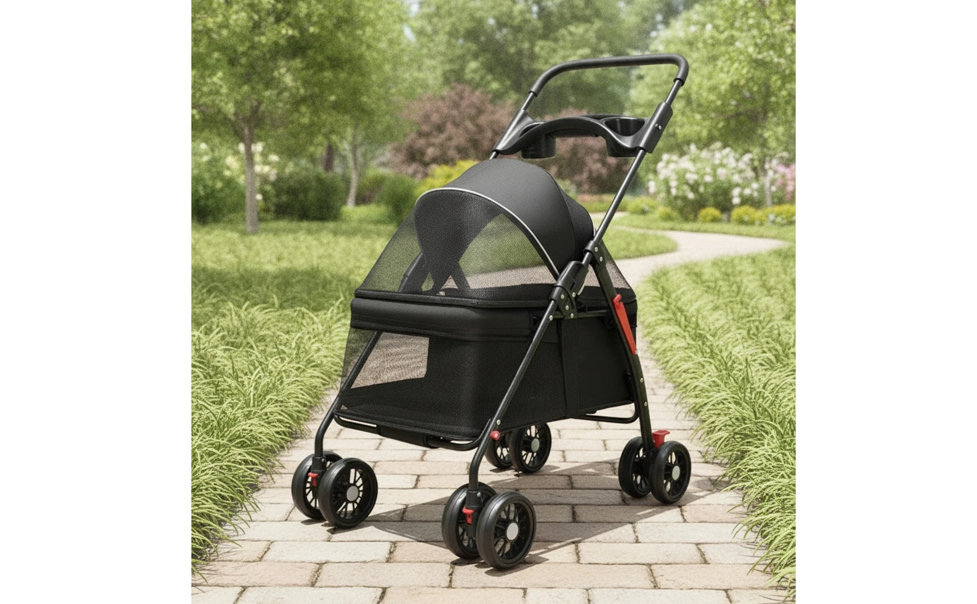 Pet Stroller with Storage Basket 4-Wheel Foldable Pet Stroller Collapsible Breathable for Small Dogs, Outdoor Walks, Travel