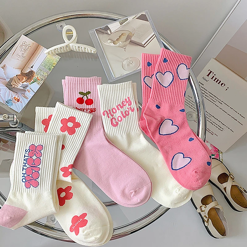 Pink Flower Women Socks Fashion Cute Sweet Harajuku Cotton Socks Casual Korea Japanese Kawaii Girls Calcetines