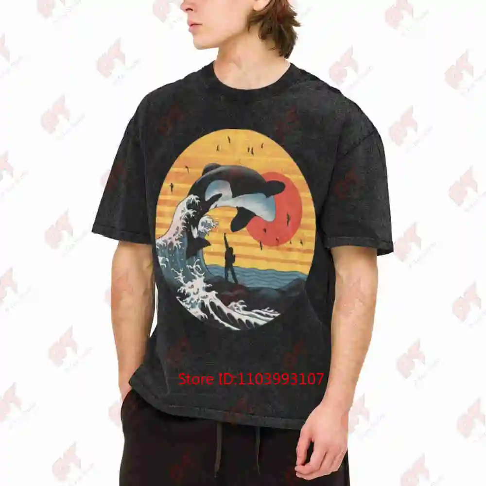 Free Willy Movie Japanese Kanagawa Surf Orca Whale Vintage Washed Tee Pure Cotton T-Shirt