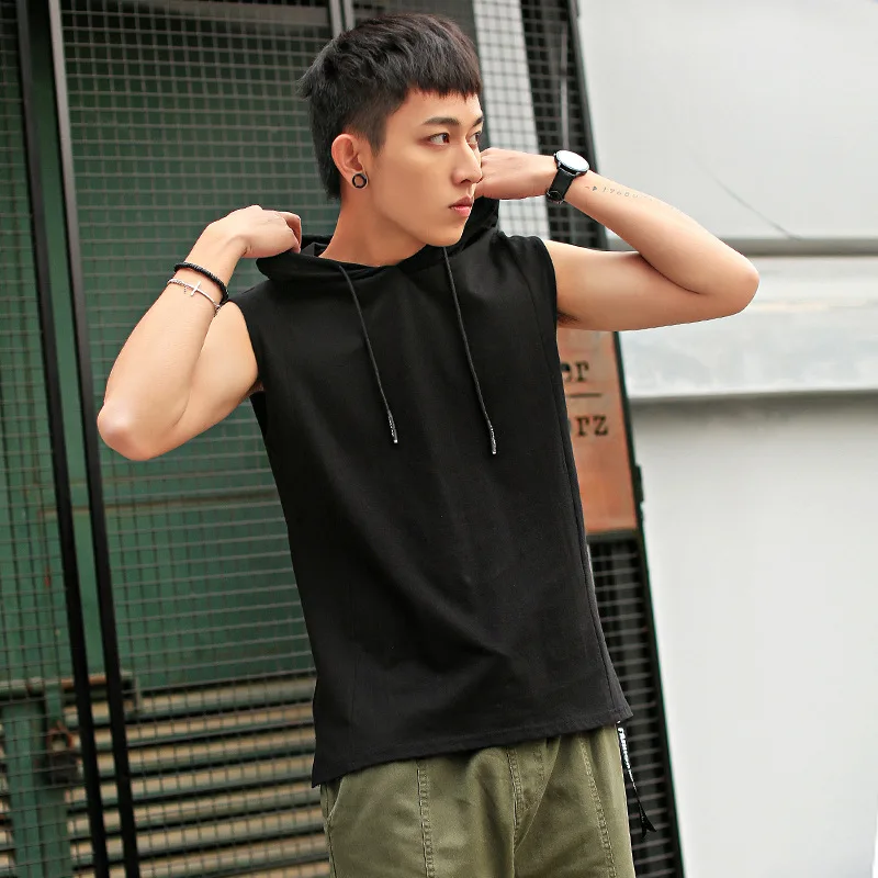 2024 Summer New Men\'s Fashion Sportswear Gym Fitness Jogging Hooded Sleeveless T-shirt Loose Large Comfortable Top