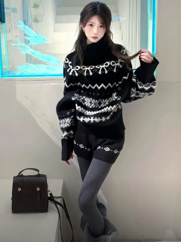 

Корейский вязаный комплект: свитер и шорты в стиле Lazy Chic, с высокой талией, удобный зимний модный наряд, с высоким воротником на завязках