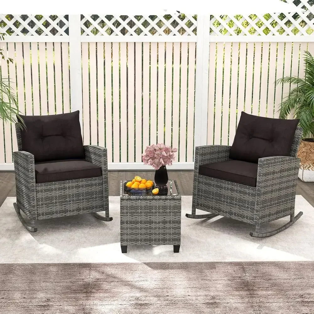 Rattan Wicker Rocking Chair Set with 2 Seats and Cushions, Glass Coffee Table, Outdoor Patio Furniture for Balcony or Porch (Gre