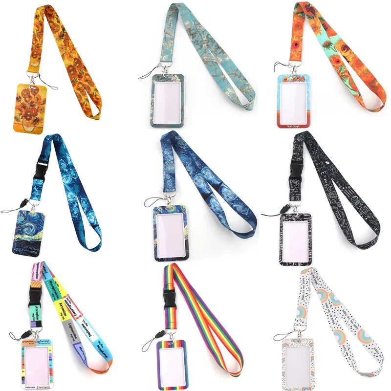 

Blinghero Cartoon Vangogh Work Card Holders With Lanyard Rainbow Credit Card Card Bus Holder Identity With Neck Strap