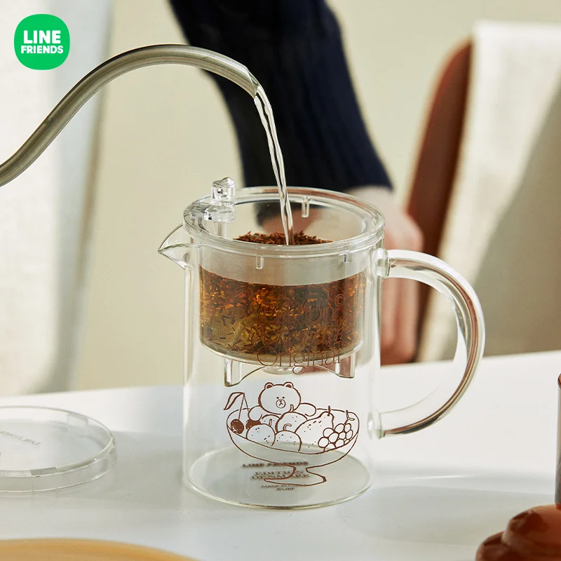 LINE FRIENDS Original 425ml Bear Teapot Anime Kawaii Heat Resistant Glass Modern Tea Pot Tool Kettle Bottle Handle Filter Mug