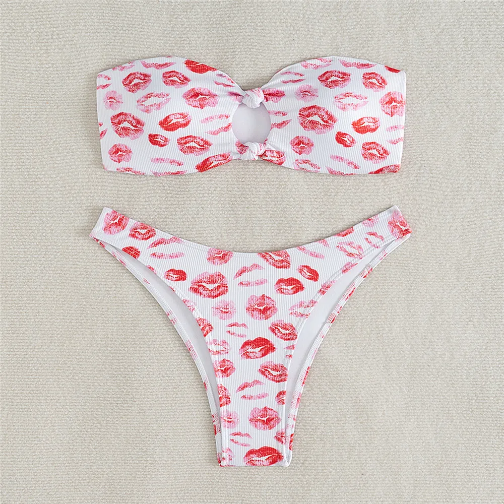 Rode Lip Print Bandau Mini Bikini Micro Sexy Badpak Vrouwen Vakantie Badmode Hoge Cut Badpak Witte Bikini De Mujer 2025