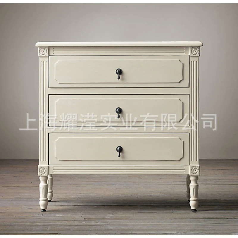 American solid wood bedside table custom furniture simple bedroom log oak engraved three drawer storage cabinet