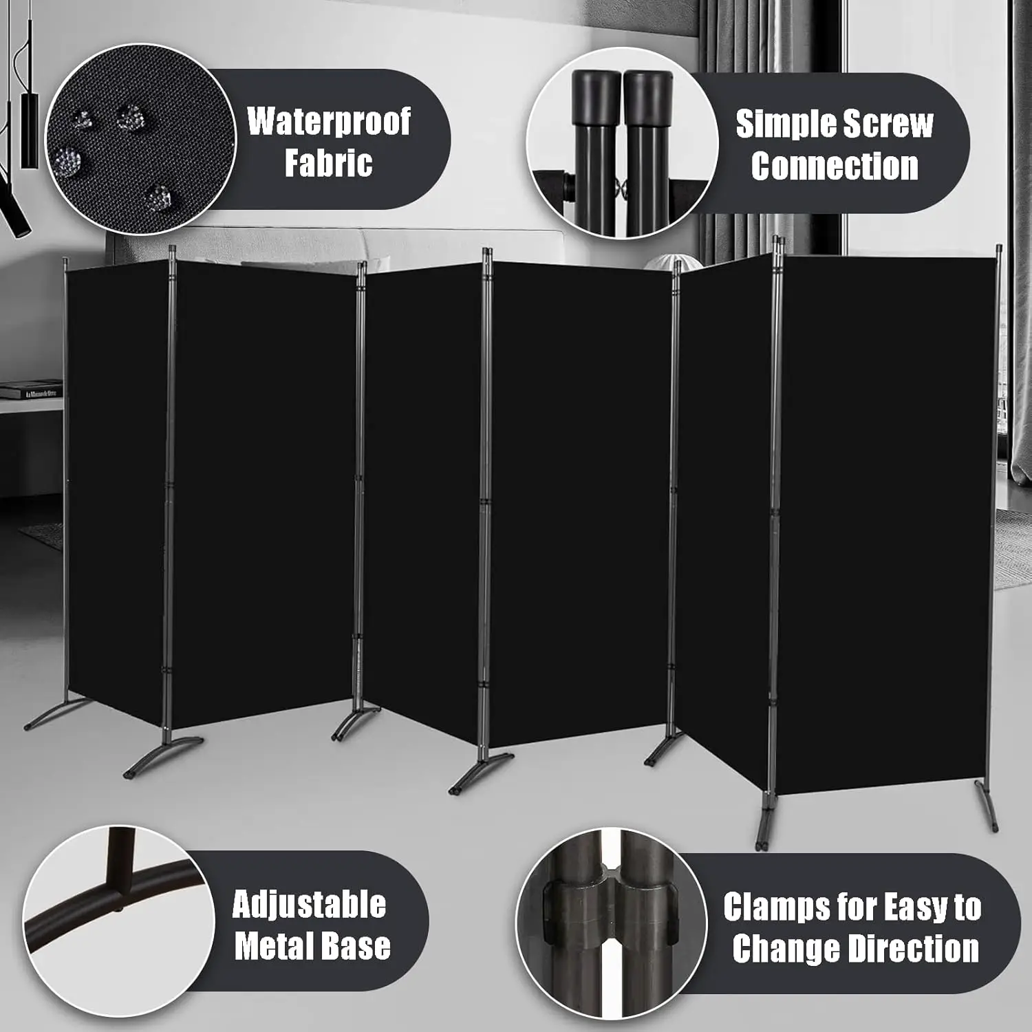 6 ft Room Divider Folding Privacy Screen for Home Office Classroom Studio, Black 6 Panel