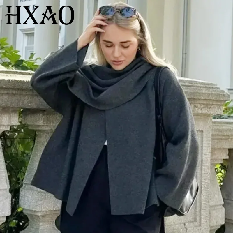 

HXAO Knit Cloak Coat Women's Jacket Autumn 2025 New In Coats & Jackets Red Darkgrey Khaki Scarf Outerwear Elegant Fashion Jacket
