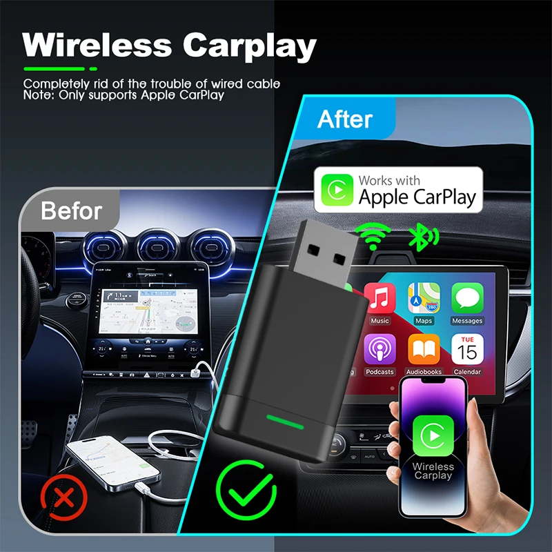 2-In-1 Wireless Carplay Android Car Adapter Wired To Wireless Plug and Play Mini Car Ai Box for Audi Toyota Volkswagen Peugeot