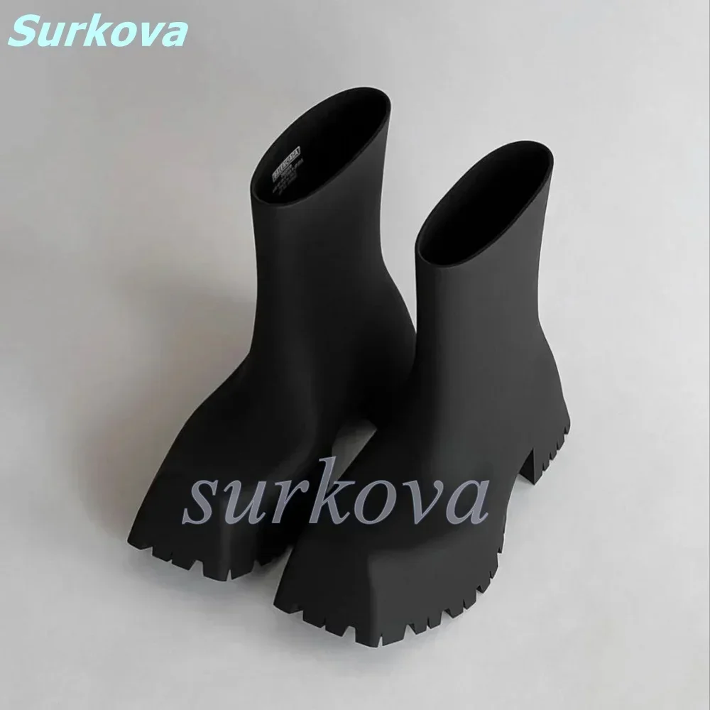 Black Matte Leather Luxury Boots Square Toe Chunky Heel Ankle Boots Fashion Women Shoes Spring Autumn Slip On Modern Boots