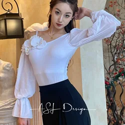 New White Flower Ballroom Dance Tops Women Waltz Dance Clothes Adult Latin Rumba Dance Performance Clothes Practice Wear BL14612