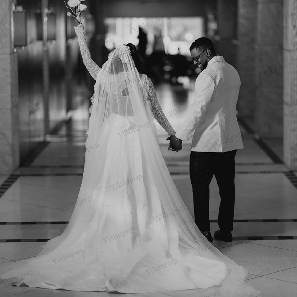 Luxury 2 in1 Mermaid Wedding Dresses with Detachable Train Long Sleeves Lace Satin Tulle Nigeria Court Bridal Gowns Customized