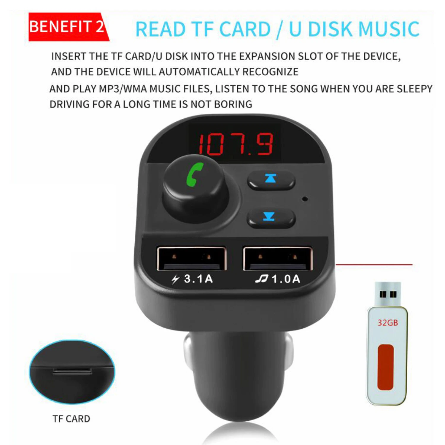 MP3 Player Car Charger Bluetooth 5.0 , Wireless FM Transmitter, Voice Navigation Playback, with Dual USB, 3.1A Smart Fast Charge