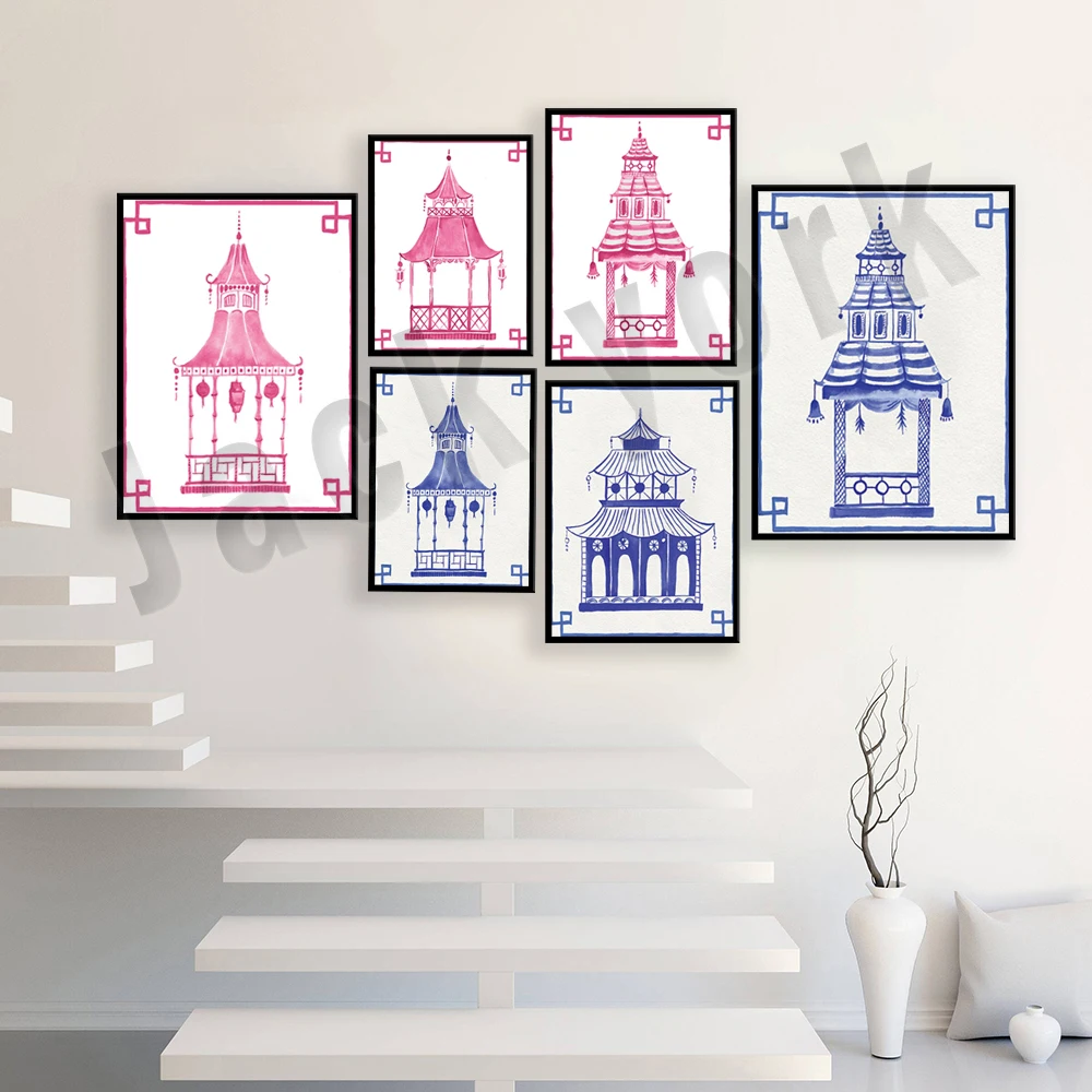 Chinese pagoda poster, pink pagoda art, pagoda painting, chinoiserie mural, Chinese pagoda art, preppy pagoda, oriental asian ar