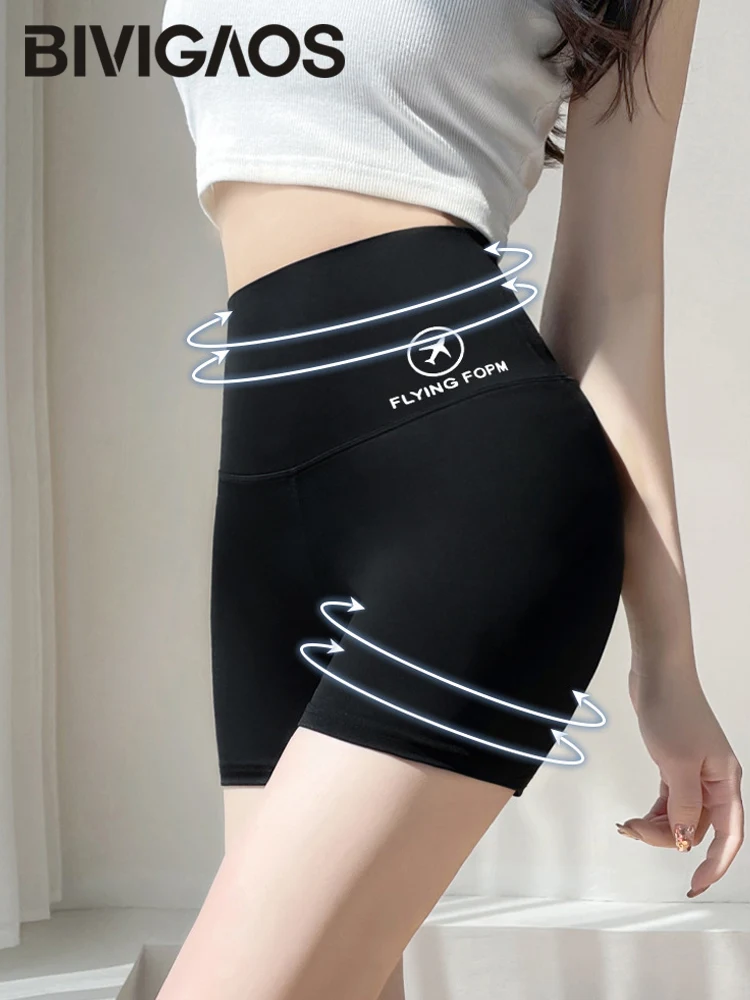 Summer New Flying Logo Mini Shark Shorts Women's High Waist Slim-Fit Biker Shorts Black Elastic Sports Fitness Safety Shorts