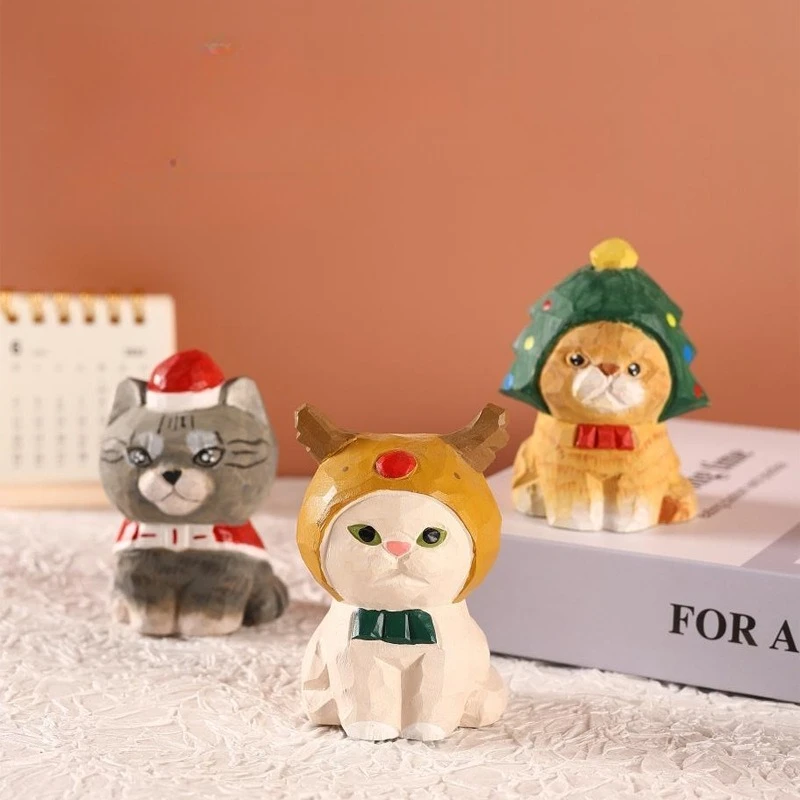Hand Carved Christmas Cat Series Desk Car Ornament Cartoon Feline Realistic Wooden Craft Gift Wood Xmas Animal Figurines Decor