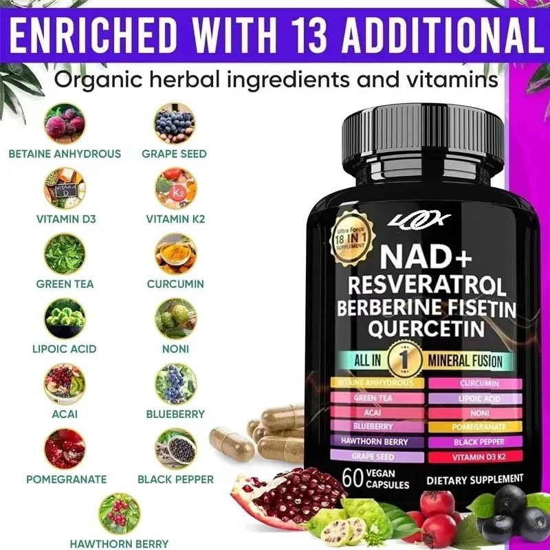 

Liposomal NAD+ Trans Resveratrol Quercetin Betaine Grape Seeds Fennel NAD Supplement Capsules for Cellular Energy Support