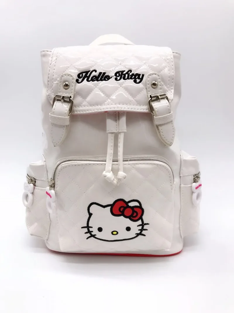 Sanrio New Korean Style Casual PU Glossy Drawstring Back Pack for Girls Going Out Hello Kitty Backpack Waterproof School Bag